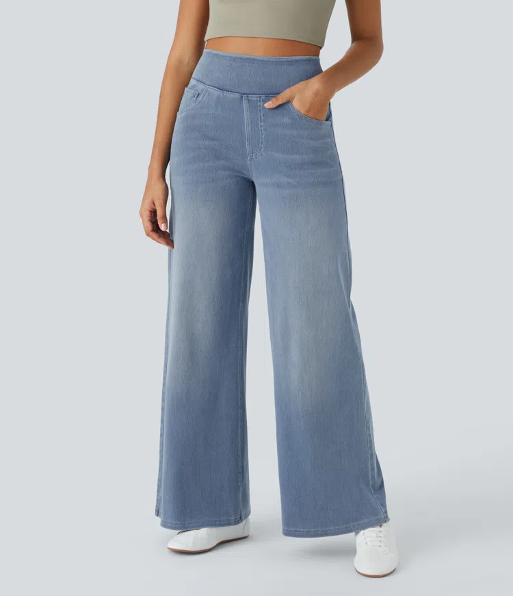 Lara™ Jeans stretch de cintura alta e perna larga