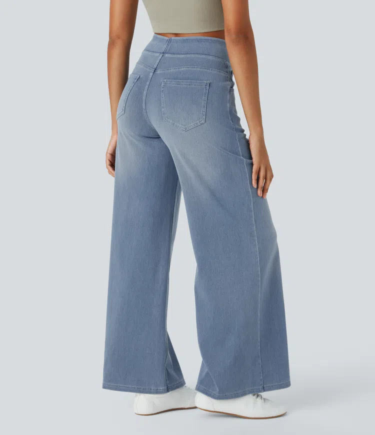 Lara™ Jeans stretch de cintura alta e perna larga